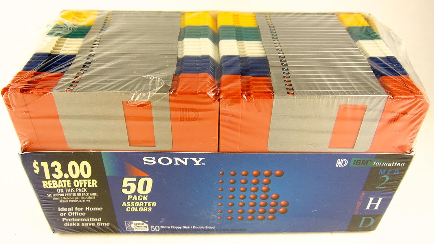 Sony Floppy Disk Diskettes 3.5" MFD-2HD, 50 Pack Assorted Colors — authentic vintage gift collectible