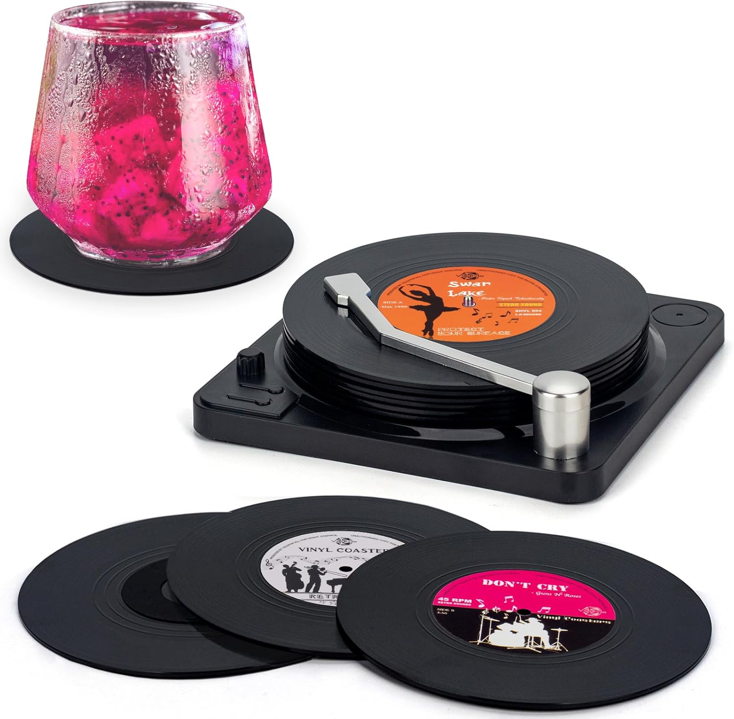 Retro Vinyl Record Coasters with Player, Set of 6 Music Coasters for Drinks — authentic vintage gift collectible