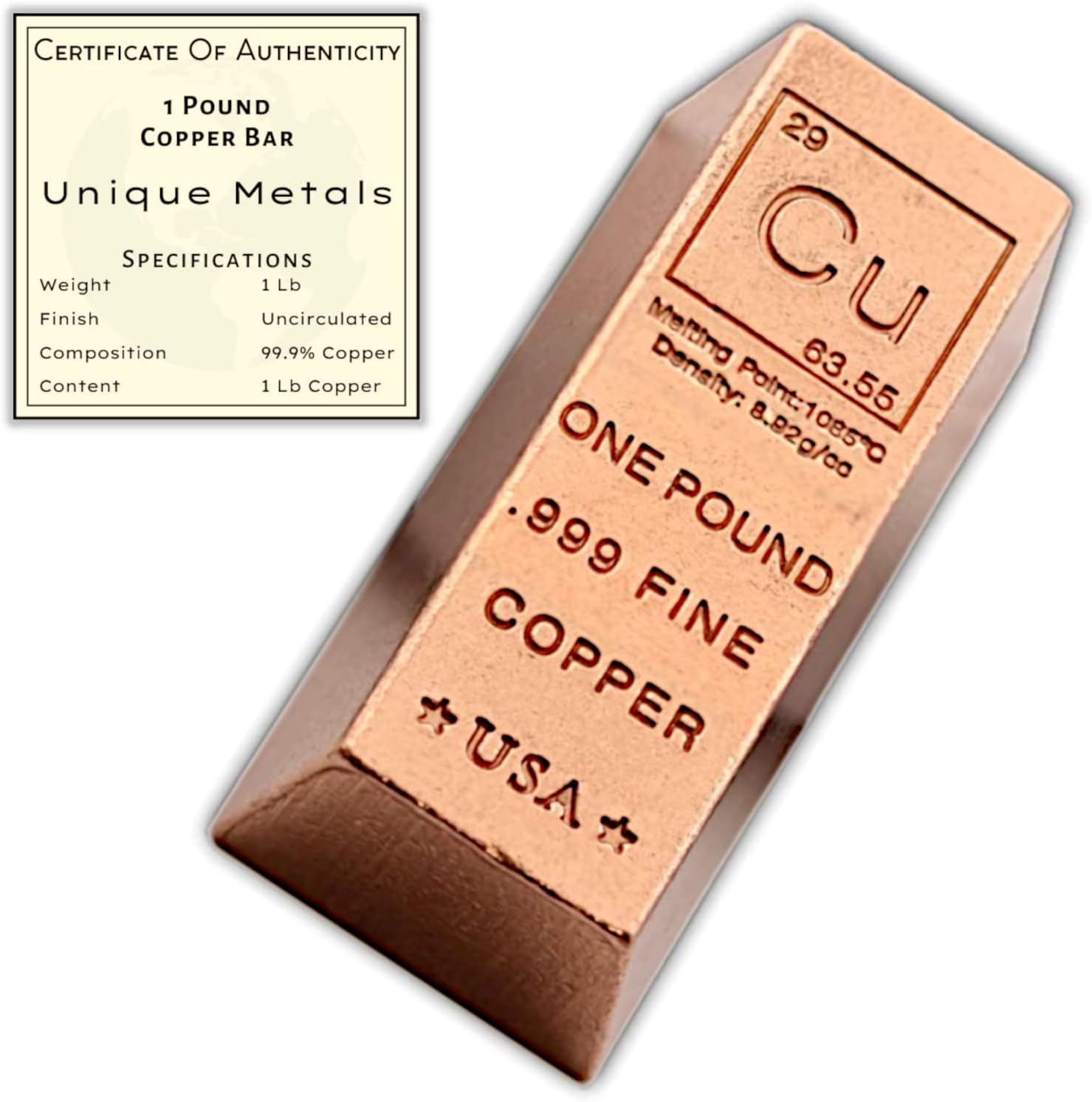 Pound Copper Bar Ingot Paperweight - .999 Pure Copper Bar Bullion Chemistry Element Design with Certificate of — authentic vintage gift collectible