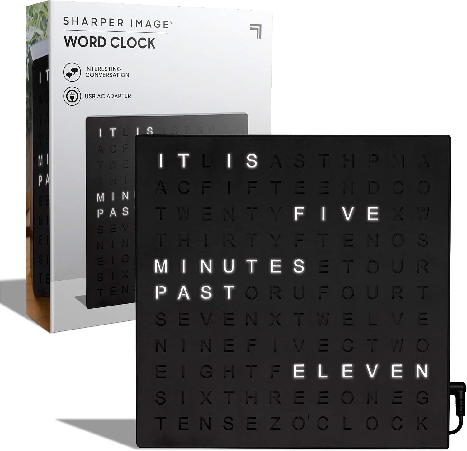 Sharper Image LED Word Digital Clock, 7.75" Black Finish — authentic vintage gift collectible