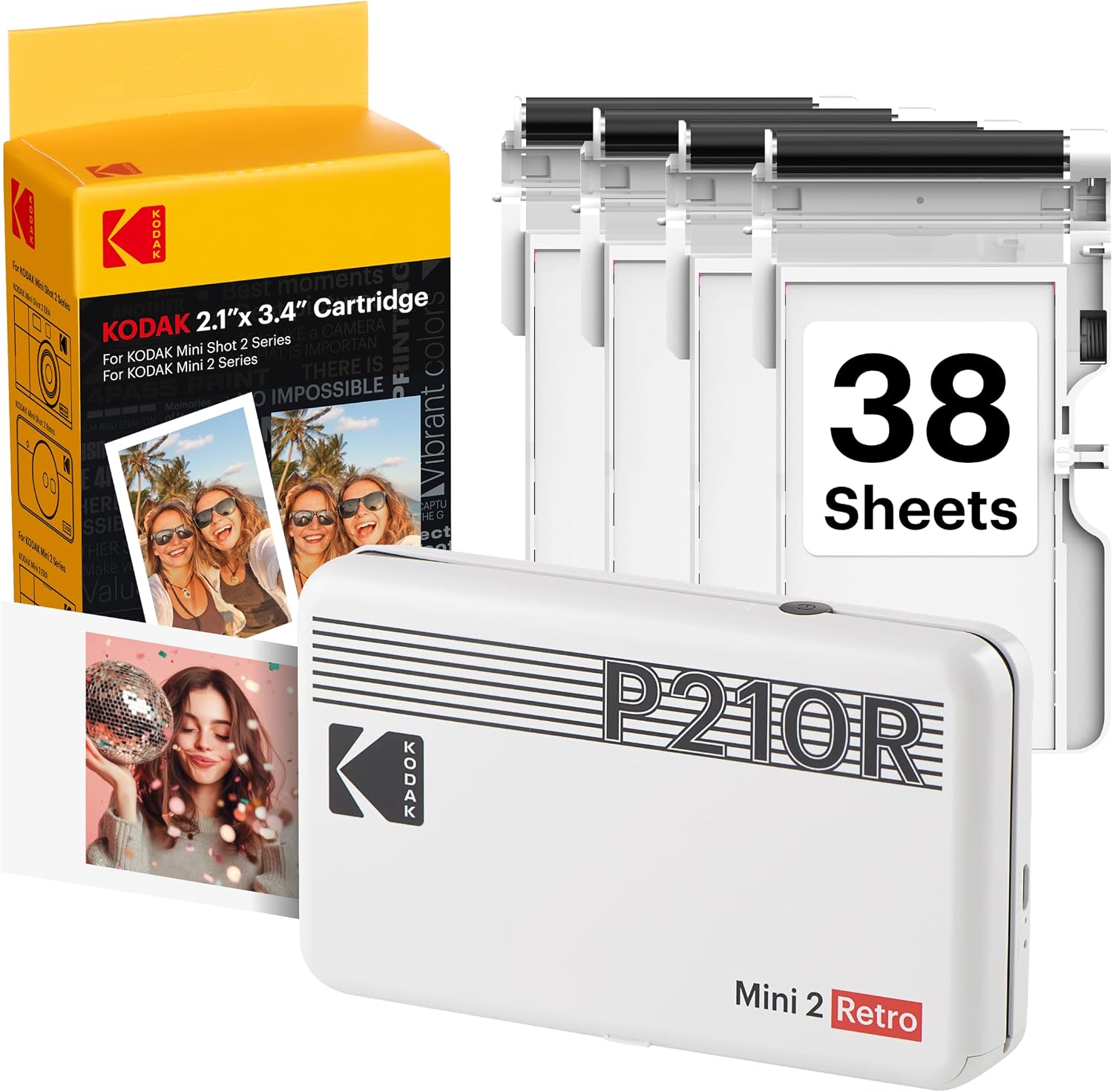 KODAK Mini 2 Retro 2x3 Portable Photo Printer, 4PASS, 38 Sheets, White — authentic vintage gift collectible