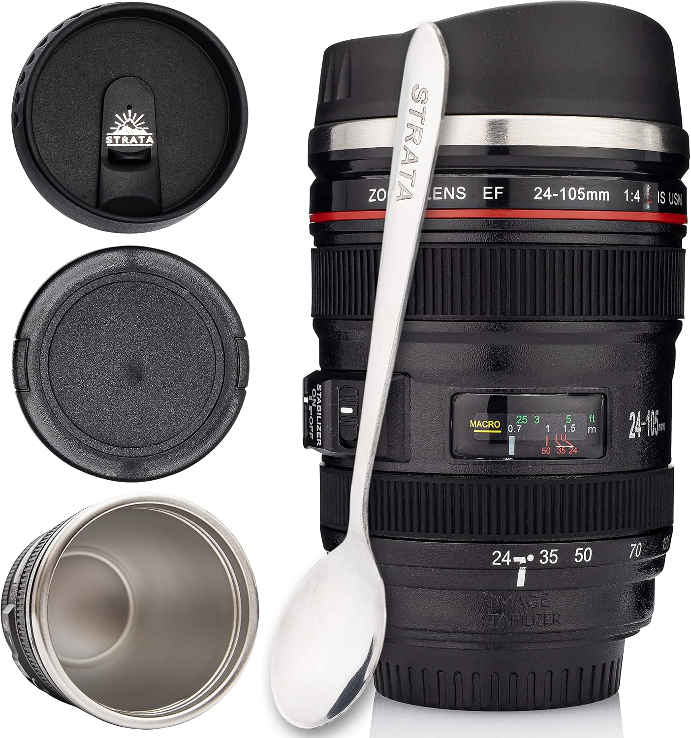 STRATA CUPS Camera Lens Coffee Mug -13.5oz | (2 LIDS + SPOON + BAG) Gift for Him, Dad Gifts, Photography, Came — authentic vintage gift collectible