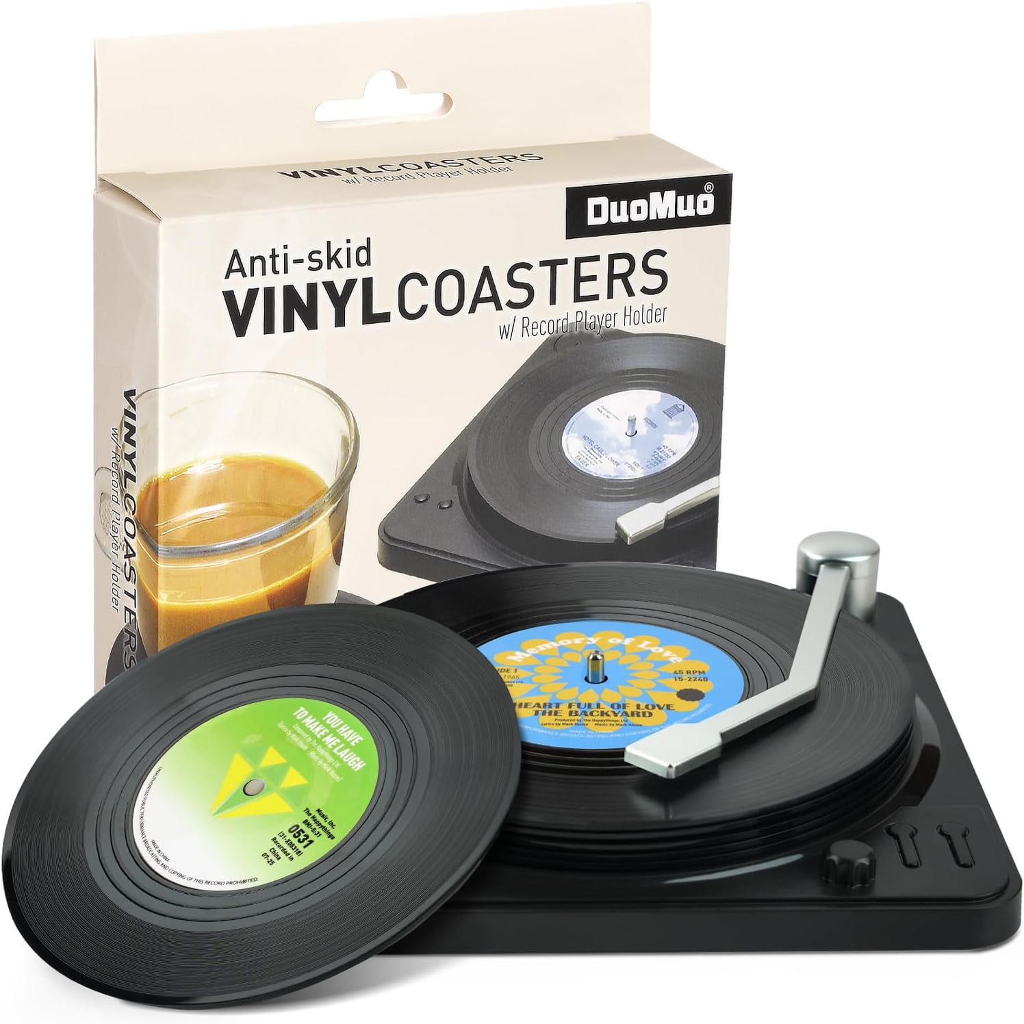 Funny Retro Record Coasters for Drinks with Vinyl Player Holder - Set of 6 Coaster — authentic vintage gift collectible